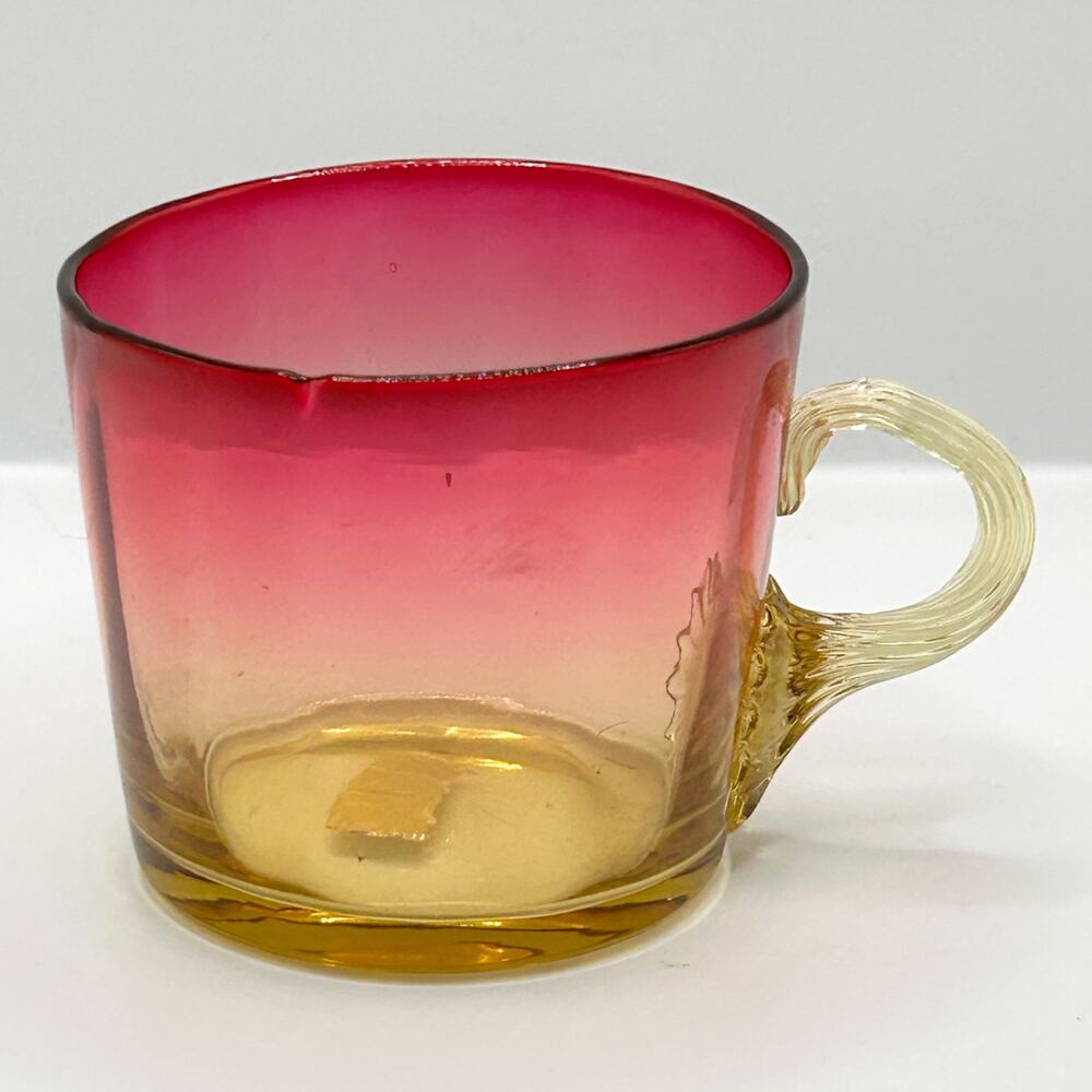 Antique Victorian New England Glass Amberina Glass Art Cup w/ Reeded Handle 1800